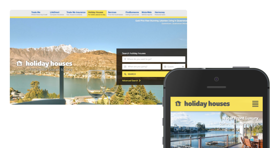 Holiday Houses homepage displayed on desktop and mobile